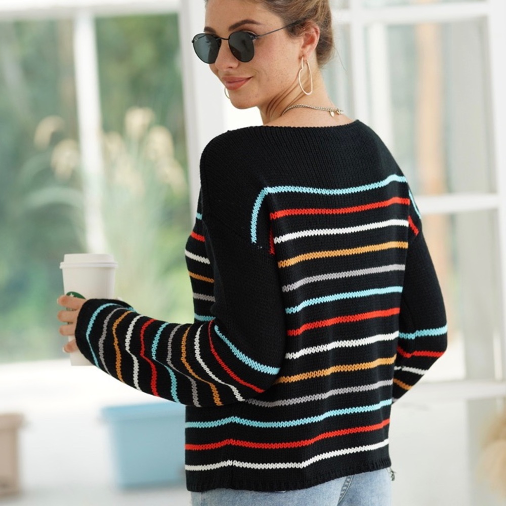 ♦️🎊Free Breeze Colorful Striped Sweater Black - Picture 7 of 7